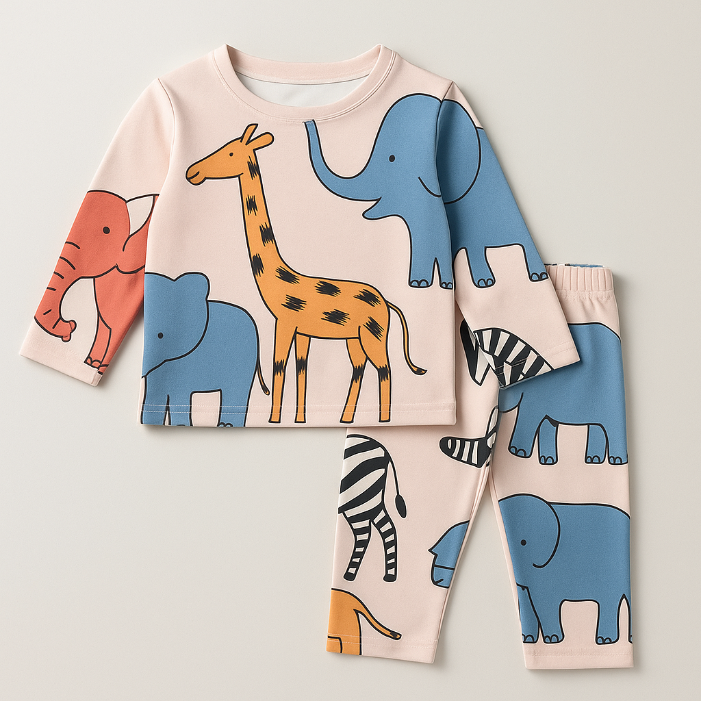 CREAM ANIMAL KIDS WEAR TOP AND BOTTOM FULL CO-ORD SET